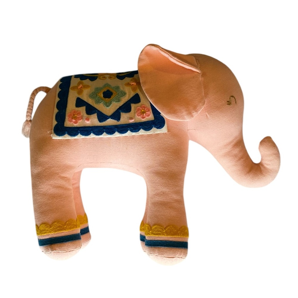 Embellished Peach Blue Yellow Stuffed Elephant Accent Pillow Toy